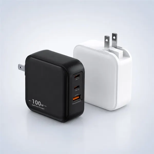 MB 100W GaN charger with two USB-C and one USB-A port, black and white
