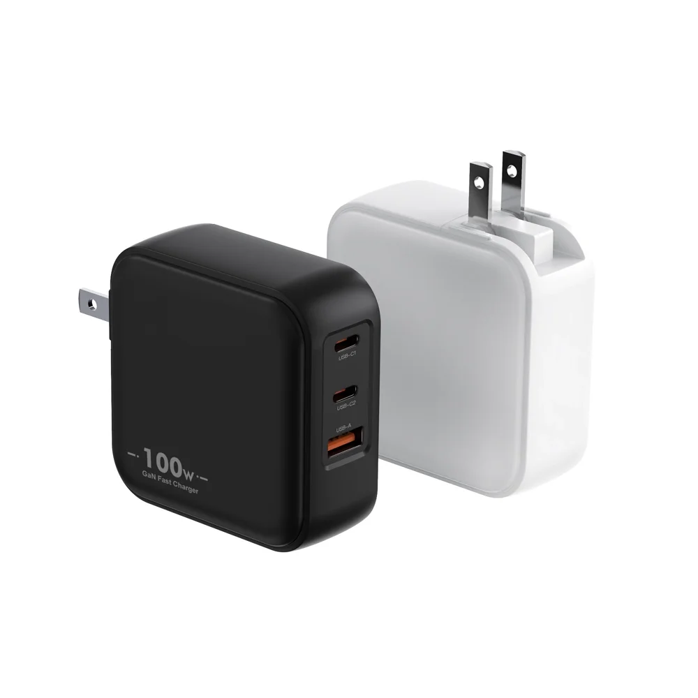 MB 100W GaN wall charger with US plug, two USB-C ports and one USB-A port