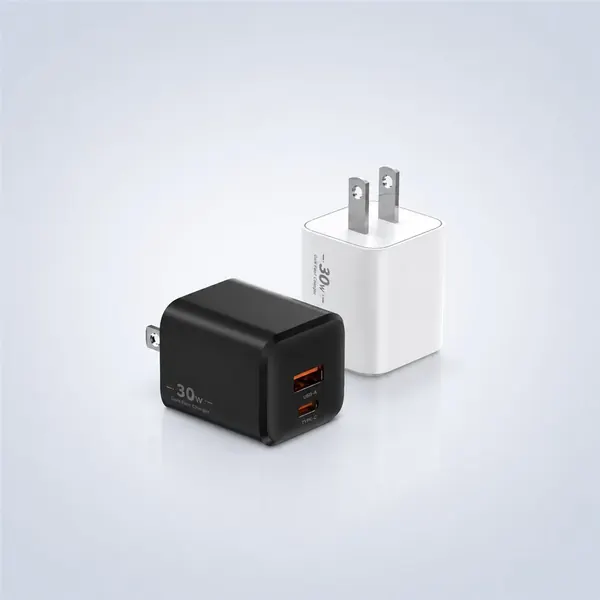 XFC 30W GaN charger in black and white with USB-C and USB-A ports