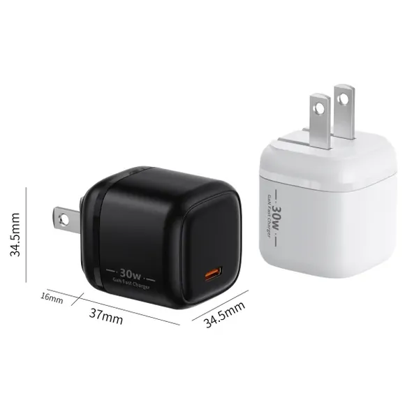 XPD-V30 30W GaN charger in black and white with one USB-C port and US folding plug