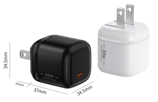 XPD-V30 30W GaN charger in black and white with one USB-C port and US folding plug, 37 × 34.5 × 34.5 mm