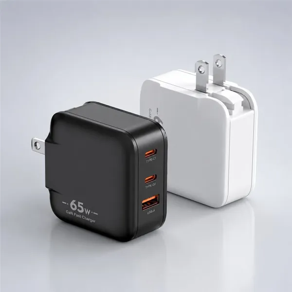 HK 65W GaN charger with two USB-C and one USB-A port, black and white