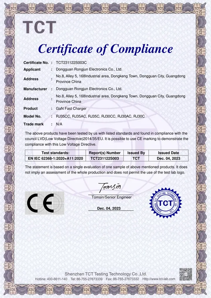 TCT certificate of compliance no. TCT231122S003C, CE low voltage directive, for the Rongjun XFC 30W and 35W GaN chargers