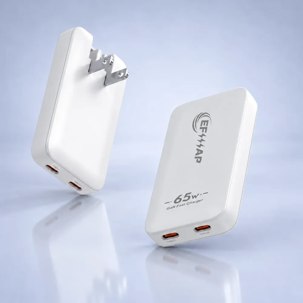 White 65W ultra-thin GaN charger with an example brand logo and two USB-C ports