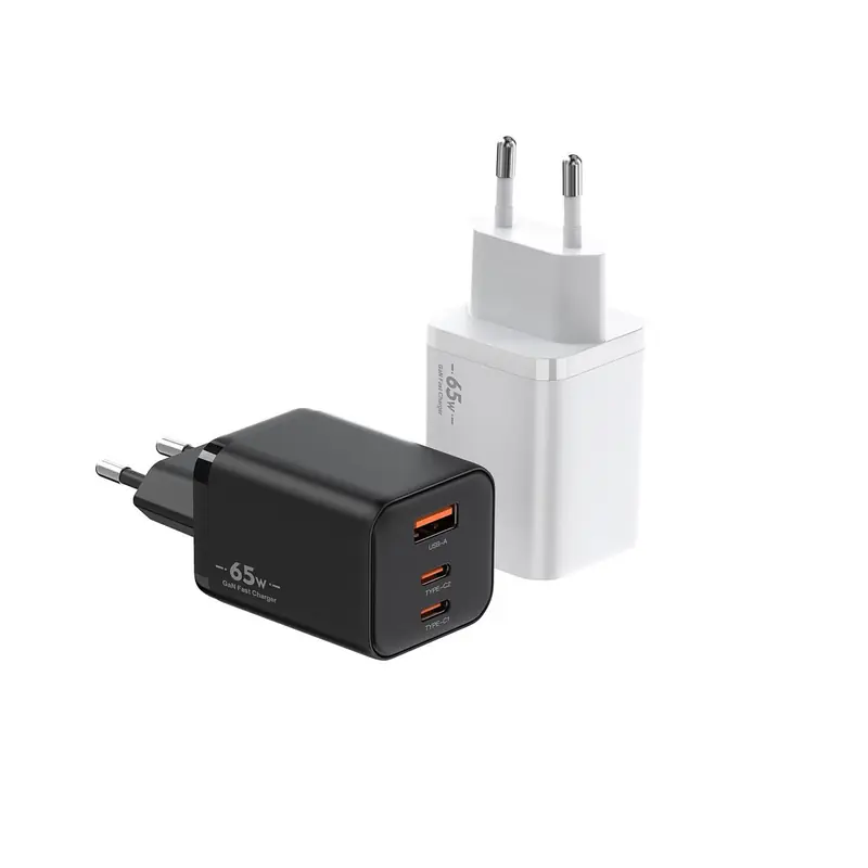 BK 65W lipstick GaN charger with EU plug and two USB-C ports and one USB-A port, in black and white