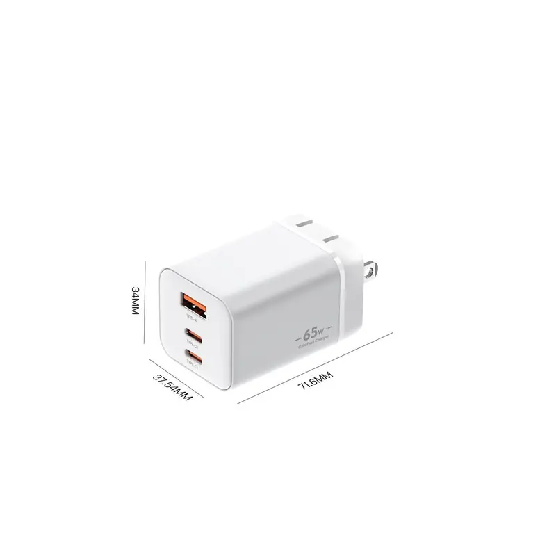 BK 65W lipstick GaN charger dimensions drawing, two USB-C ports and one USB-A port, US plug