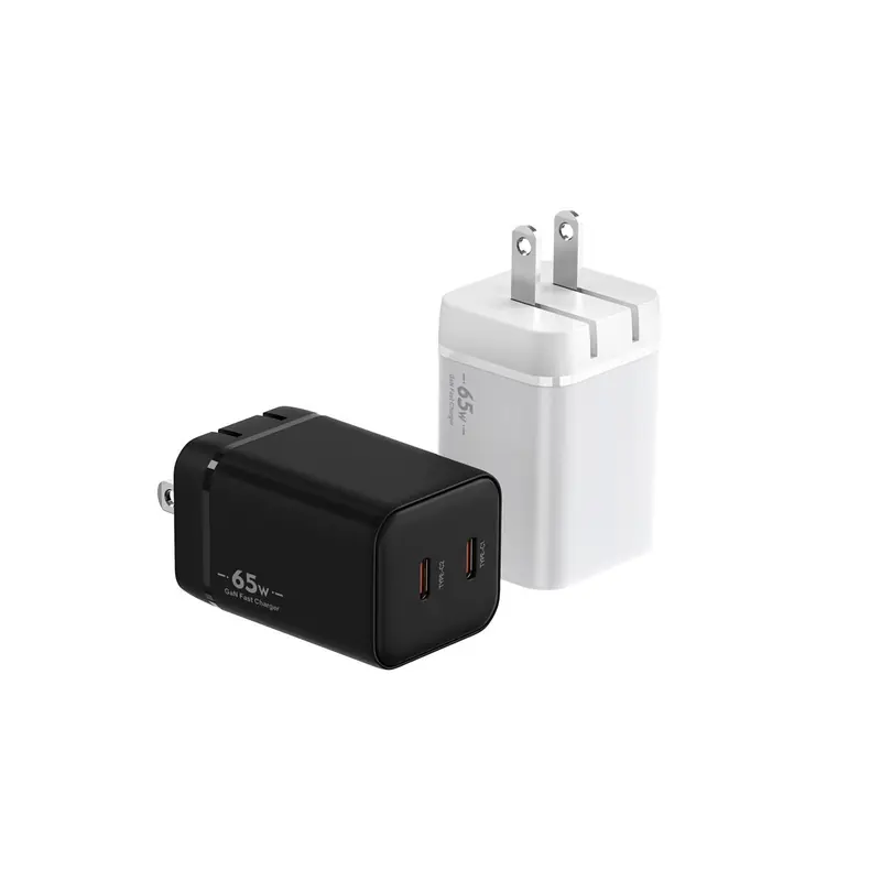 BK 65W lipstick GaN charger with US plug and two USB-C ports, in black and white