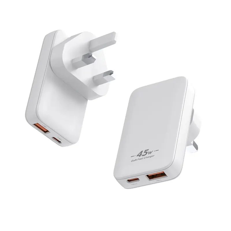 CB 45W ultra-thin II GaN charger with UK plug and USB-C and USB-A ports, in white