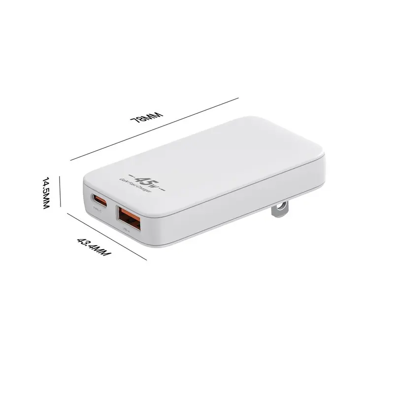CB 45W ultra-thin II GaN charger dimensions drawing, USB-C and USB-A ports, US plug
