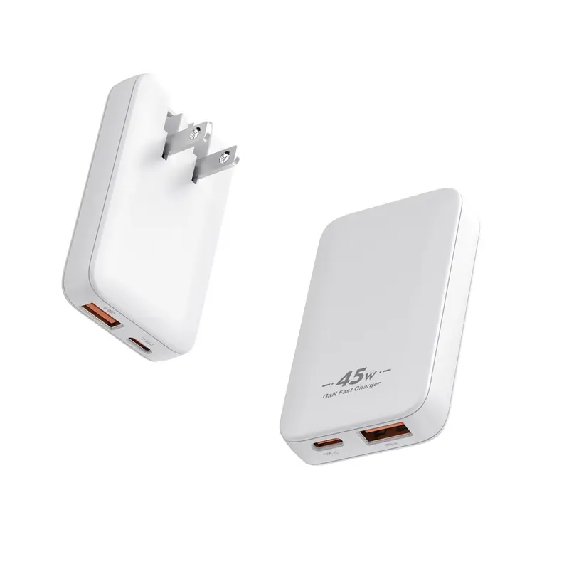 CB 45W ultra-thin II GaN charger with US plug and USB-C and USB-A ports, in white