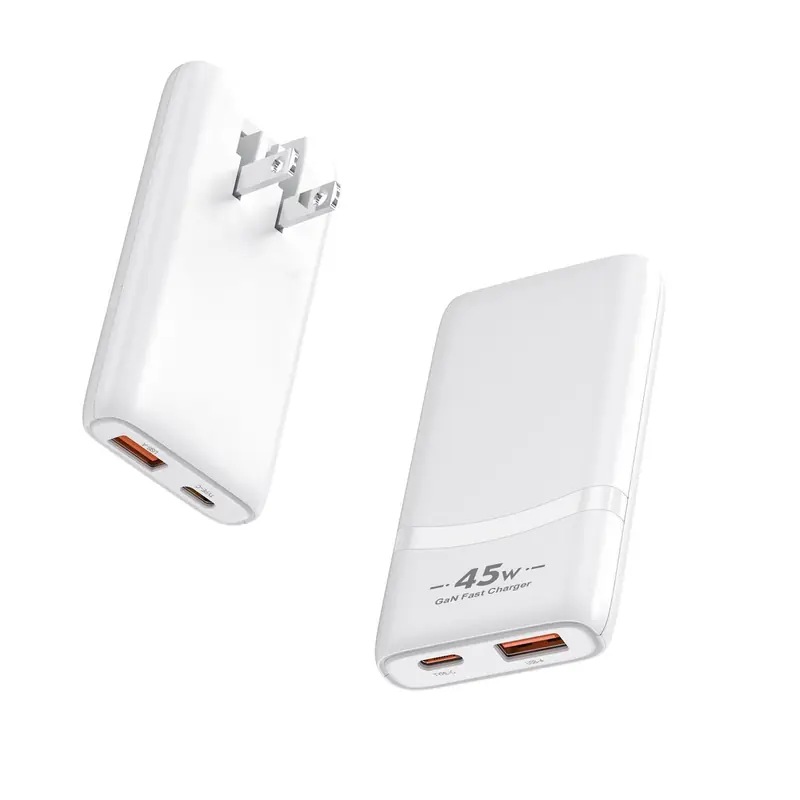 CB 45W ultra-thin GaN charger with US plug and USB-C and USB-A ports, in white