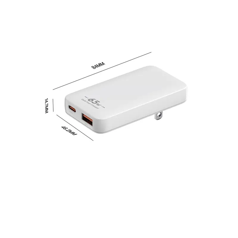 CB 65W ultra-thin II GaN charger dimensions drawing, USB-C and USB-A ports, US plug