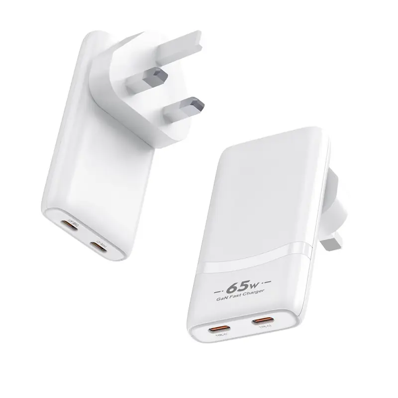 CB 65W ultra-thin GaN charger with UK plug and two USB-C ports, in white