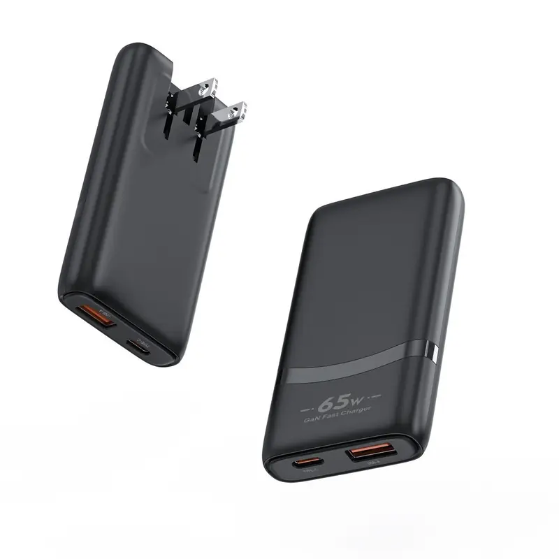 CB 65W ultra-thin GaN charger with US plug and USB-C and USB-A ports, in black