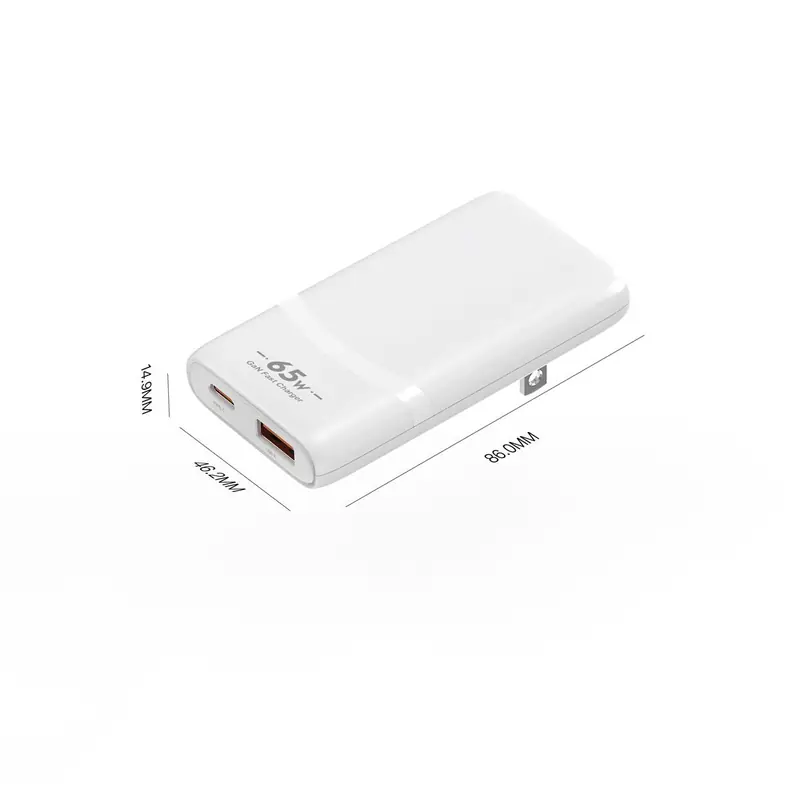CB 65W ultra-thin GaN charger dimensions drawing, USB-C and USB-A ports, US plug