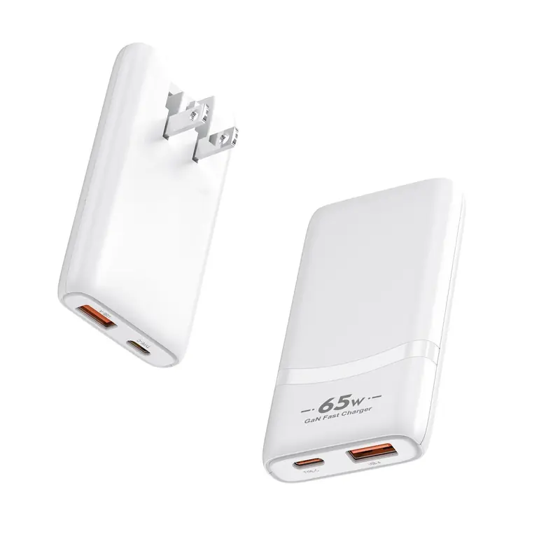 CB 65W ultra-thin GaN charger with US plug and USB-C and USB-A ports, in white
