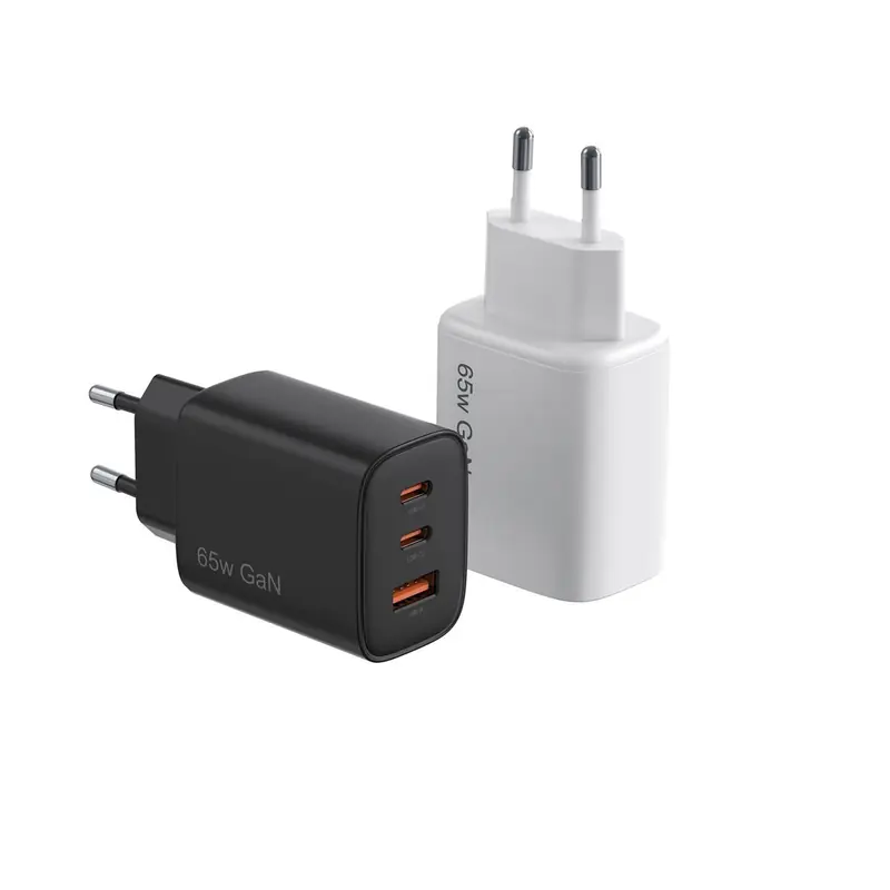 FB 65W GaN charger with EU plug and two USB-C ports and one USB-A port, in black and white