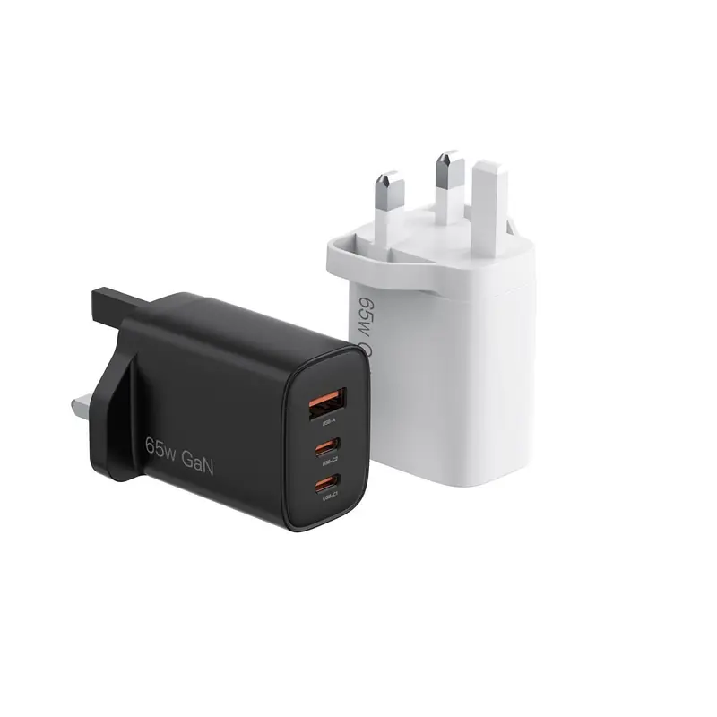 FB 65W GaN charger with UK plug and two USB-C ports and one USB-A port, in black and white
