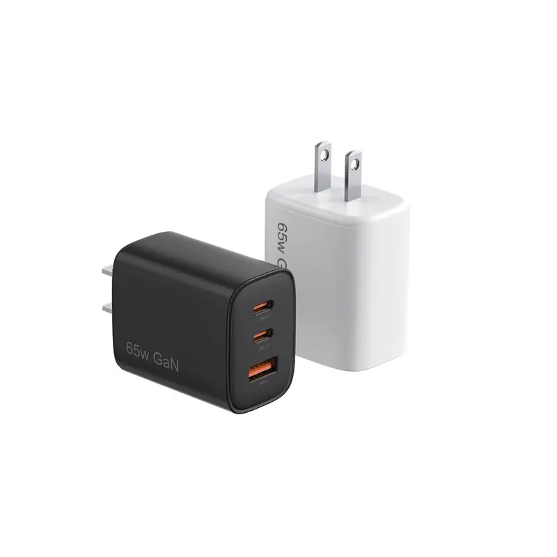 FB 65W GaN charger with US plug and two USB-C ports and one USB-A port, in black and white