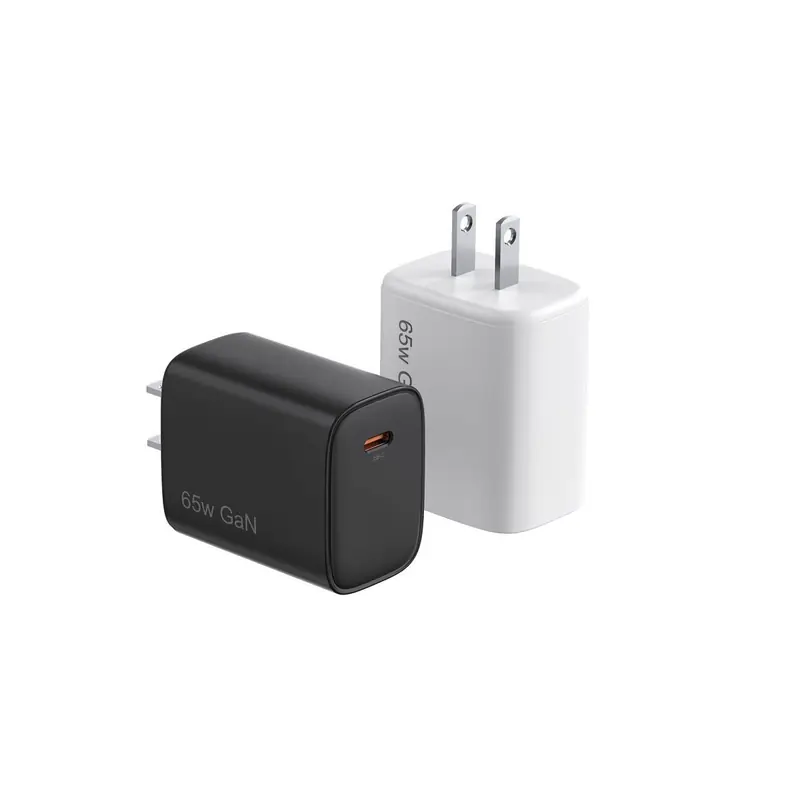 FB 65W GaN charger with US plug and one USB-C port, in black and white