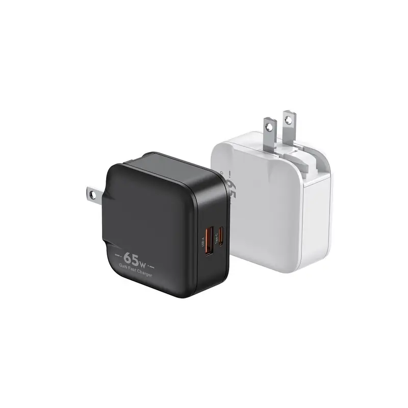 HK 65W GaN charger with US plug and USB-C and USB-A ports, in black and white