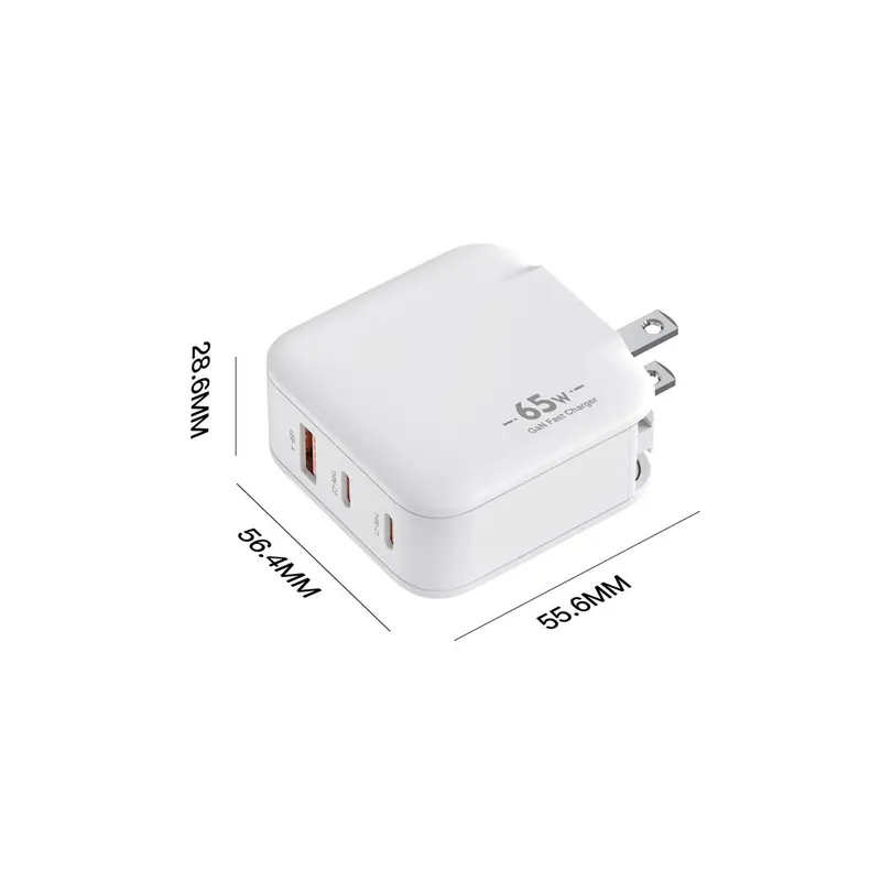 HK 65W GaN charger dimensions drawing, two USB-C ports and one USB-A port, US plug