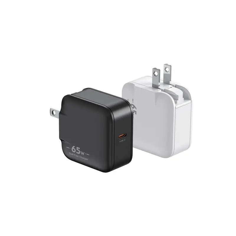 HK 65W GaN charger with US plug and one USB-C port, in black and white