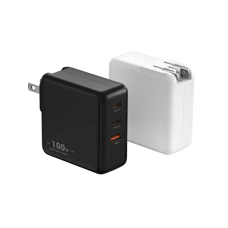 MB 100W GaN charger with US plug and two USB-C ports and one USB-A port, in black and white