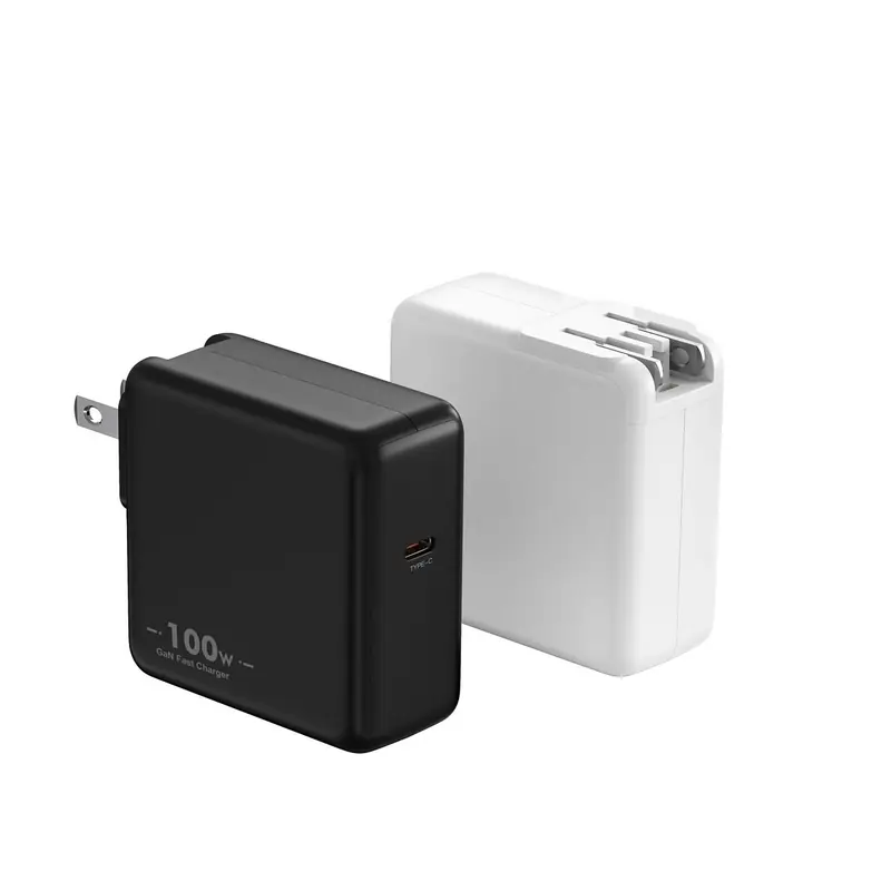 MB 100W GaN charger with US plug and one USB-C port, in black and white