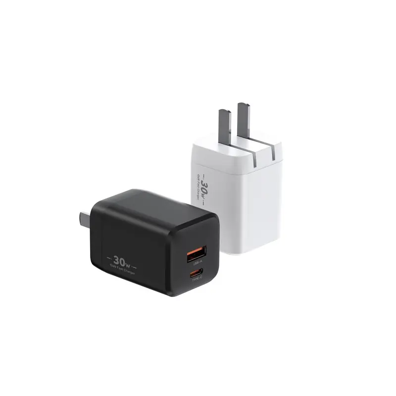 XFC 30W GaN charger with CN plug and USB-C and USB-A ports, in black and white