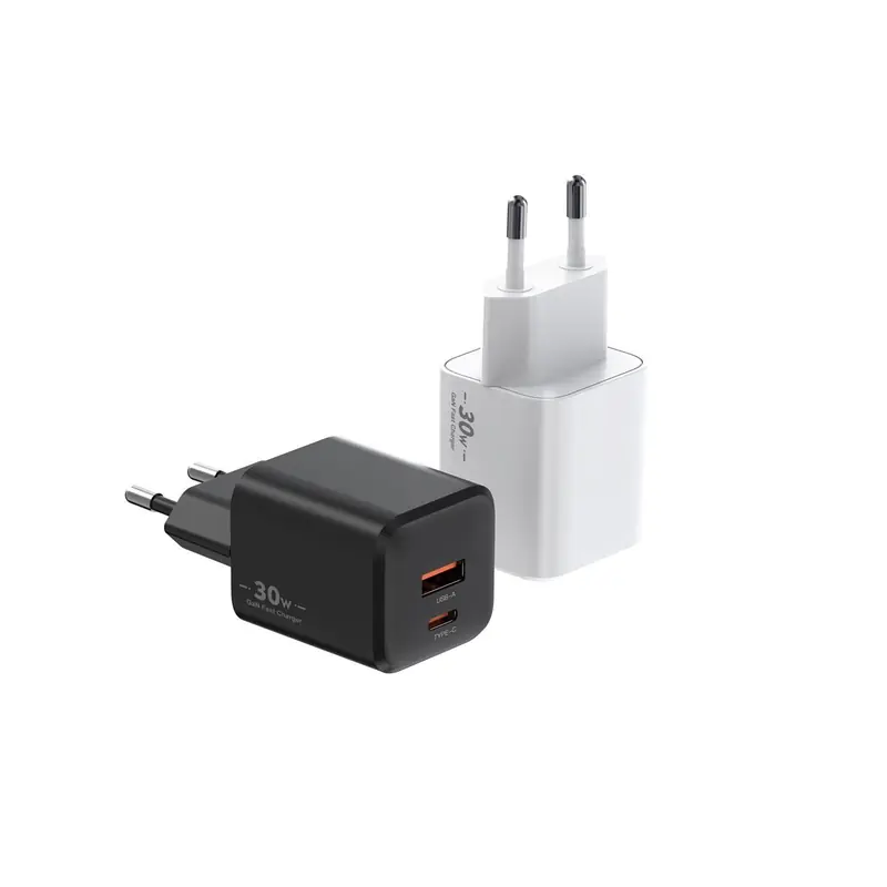 XFC 30W GaN charger with EU plug and USB-C and USB-A ports, in black and white