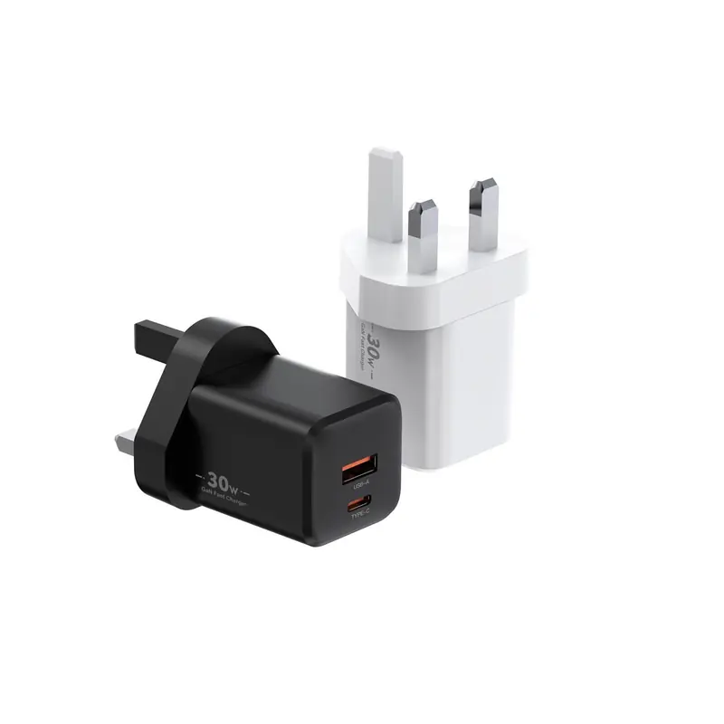 XFC 30W GaN charger with UK plug and USB-C and USB-A ports, in black and white