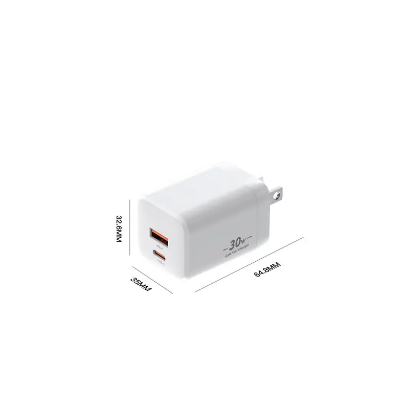 XFC 30W GaN charger dimensions drawing, USB-C and USB-A ports, US plug