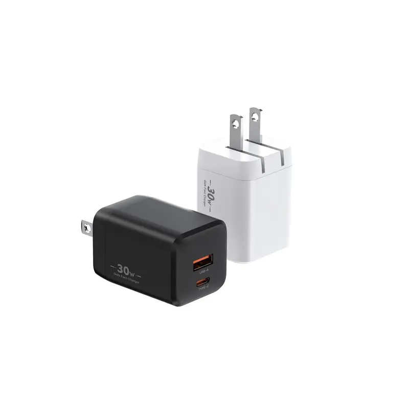 XFC 30W GaN charger with US plug and USB-C and USB-A ports, in black and white