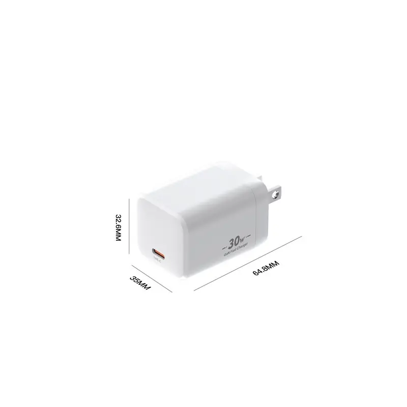 XFC 30W GaN charger dimensions drawing, one USB-C port, US plug