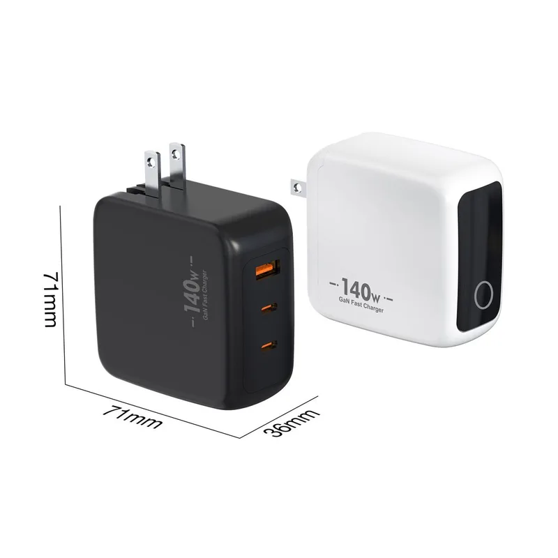 ZC504 140W GaN charger dimensions drawing, US foldable plug, 71 by 71 by 36 mm