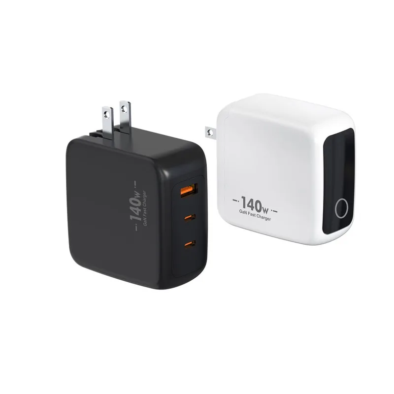 ZC504 140W GaN charger with US foldable plug, two USB-C and one USB-A port, with display screen, in black and white